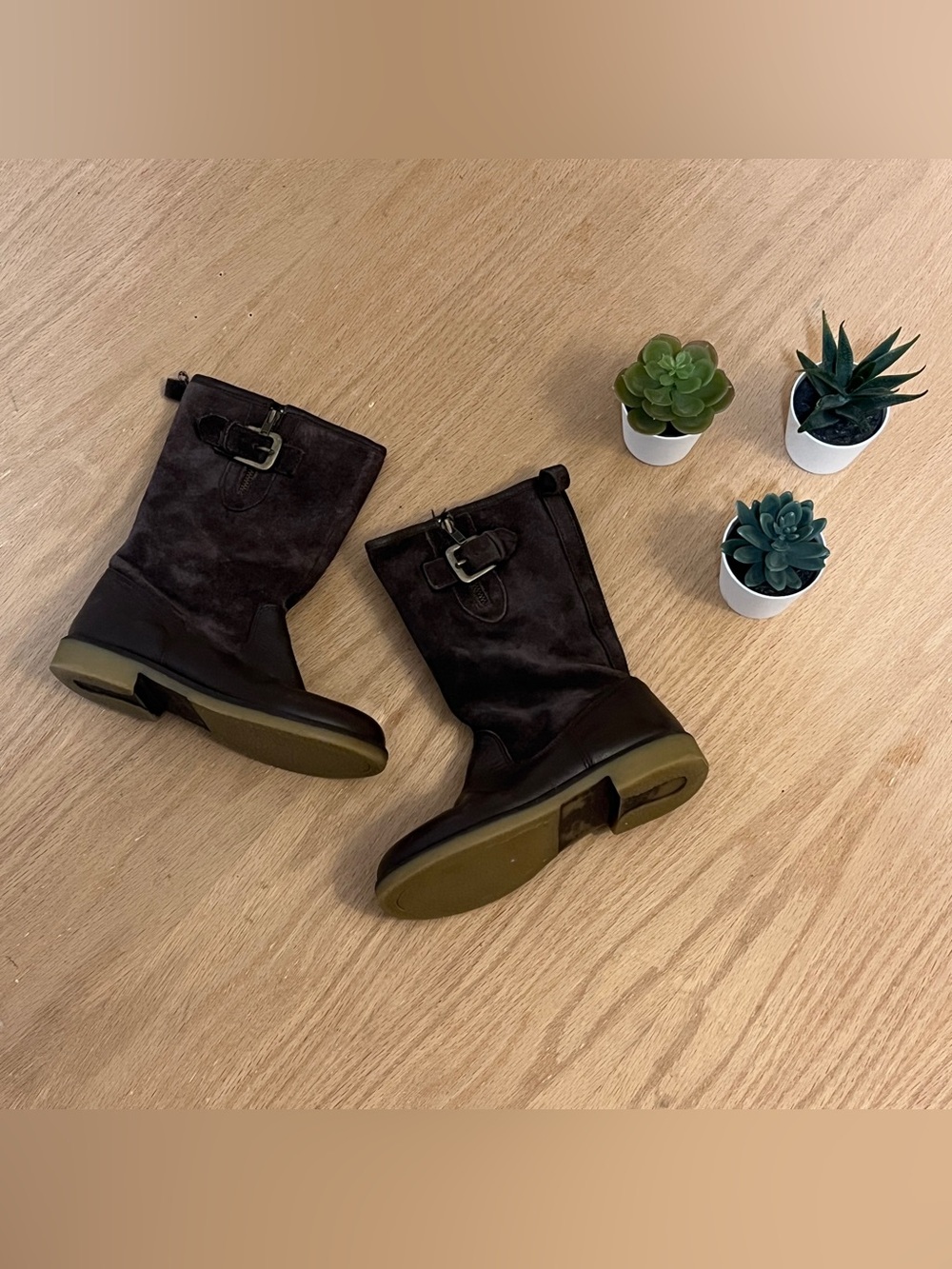 Zara Girls Brown Leather / Suede Mid-Calf Zip Up Boots